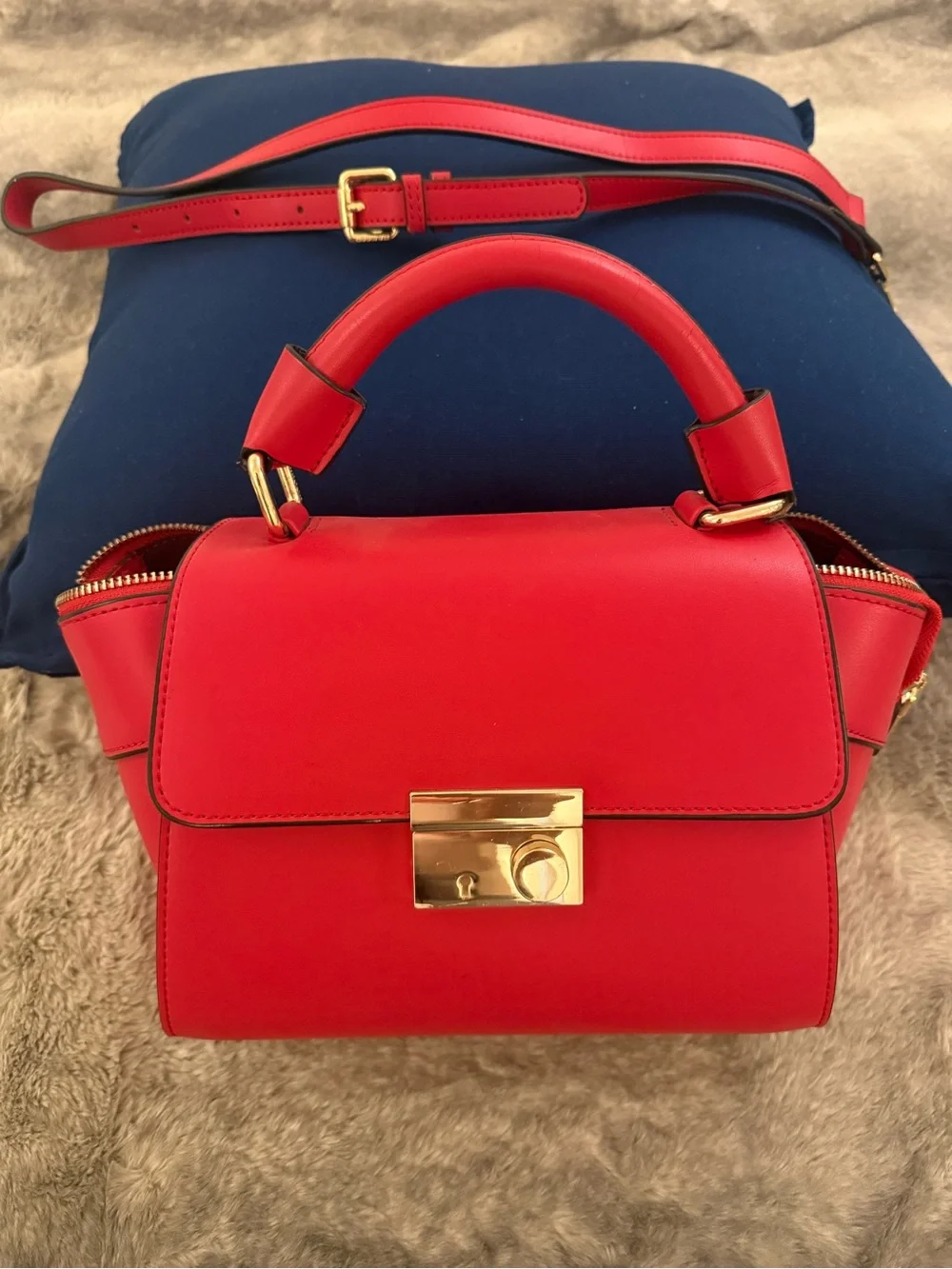 Structured Genuine Leather Red Top-Handle Satchel with Gold Hardware